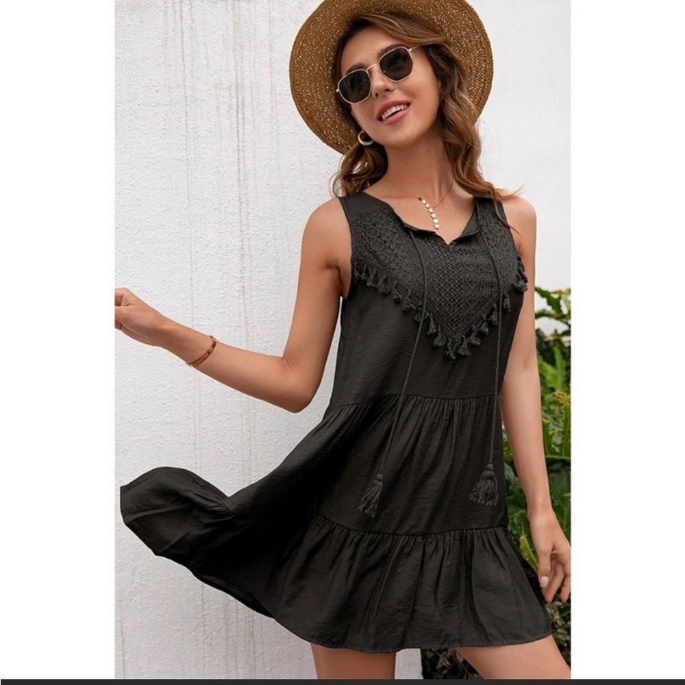 Black boho crochet lace mini dress